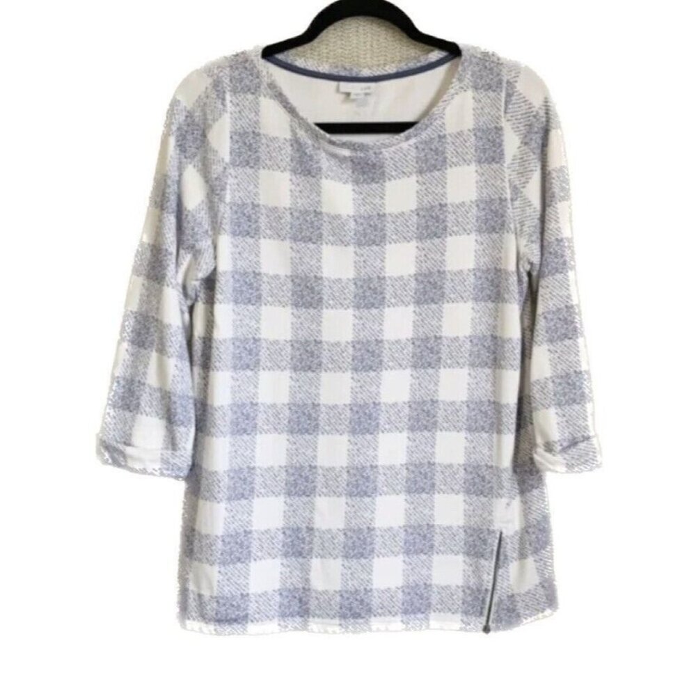J. Jill Blue Check Knit Top Women’s Small Zip Sides 3/4 Cuffed Sleeve Coastal